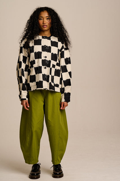 Amarante - Collarless Cotton Jacket in Black & Ecru Blurred Checkerboard