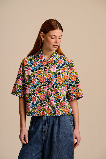 Archer -  Cotton & Viscose Shirt in Ivory Birdie Floral