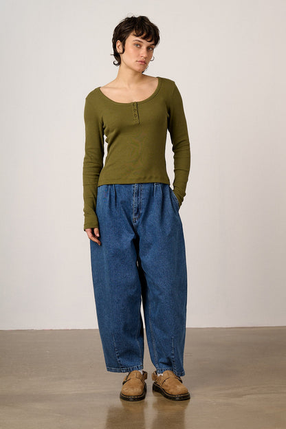 Lana - Cotton Long Sleeve Rib Top in Khaki