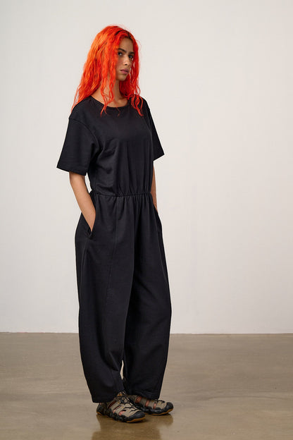 Nova - Barrel Leg Cotton Jersey Jumpsuit in Black